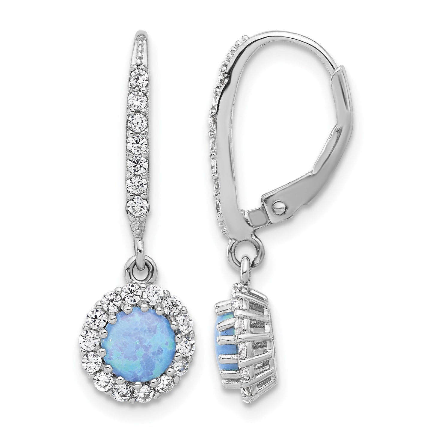 Sterling Silver RH-plated CZ & Blue Cr. Opal Halo Dangle Leverback Earrings