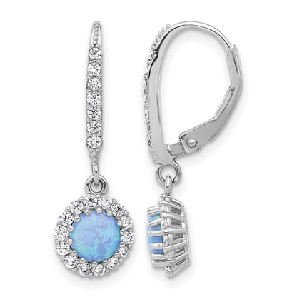Sterling Silver RH-plated CZ & Blue Cr. Opal Halo Dangle Leverback Earrings