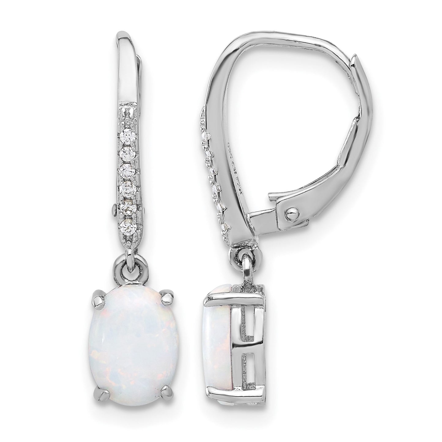 Sterling Silver RH-plated CZ & Oval Cr. Opal Leverback Dangle Earrings