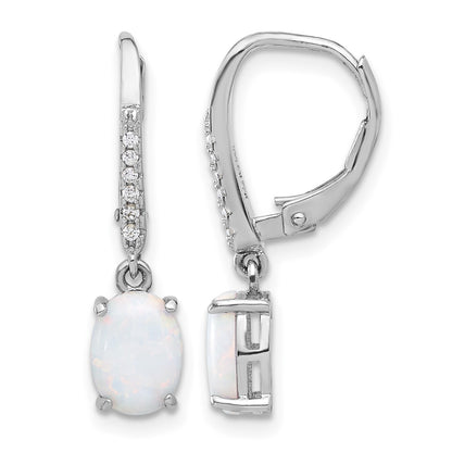 Sterling Silver RH-plated CZ & Oval Cr. Opal Leverback Dangle Earrings