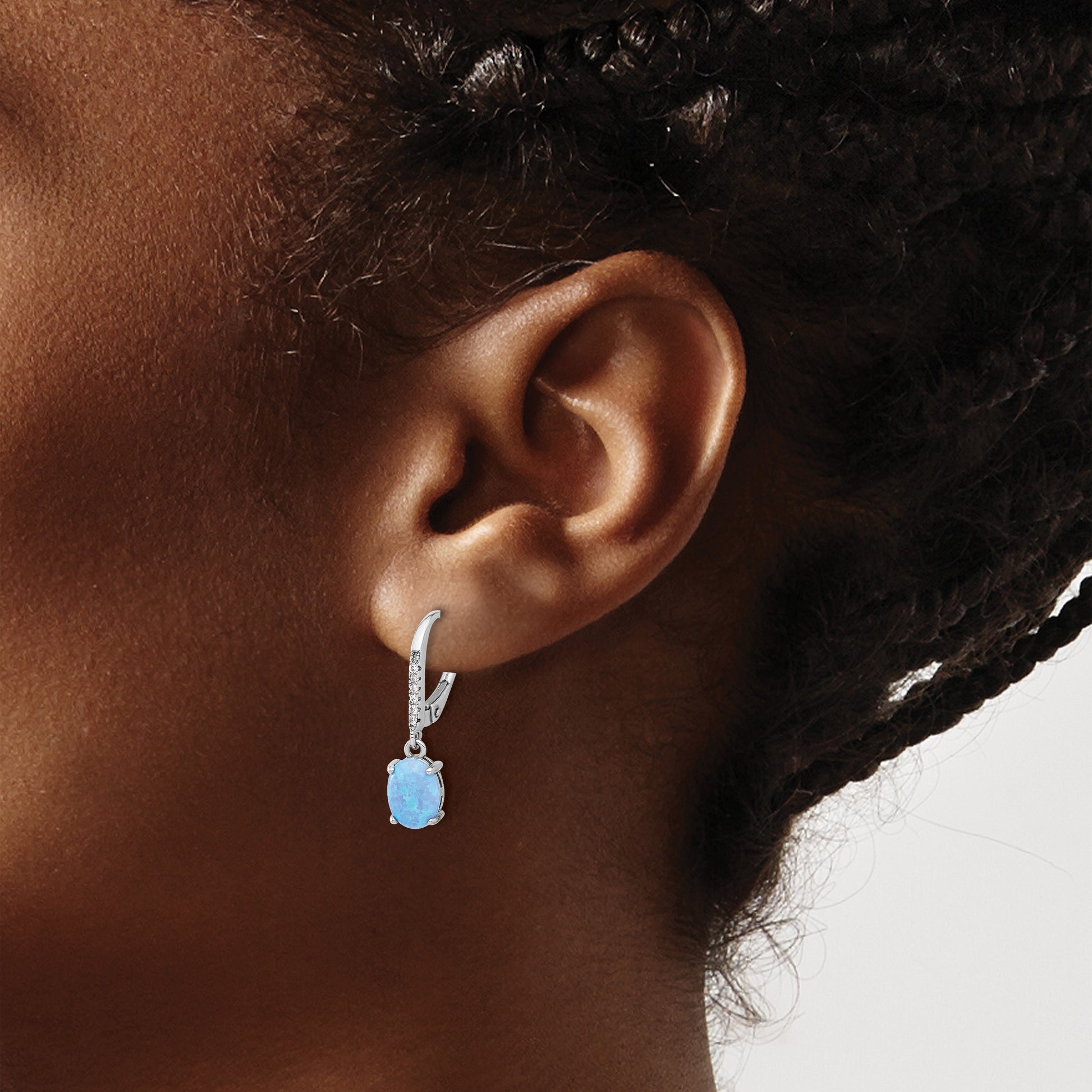Sterling Silver RH-plated CZ & Oval Blue Cr. Opal Leverback Dangle Earrings
