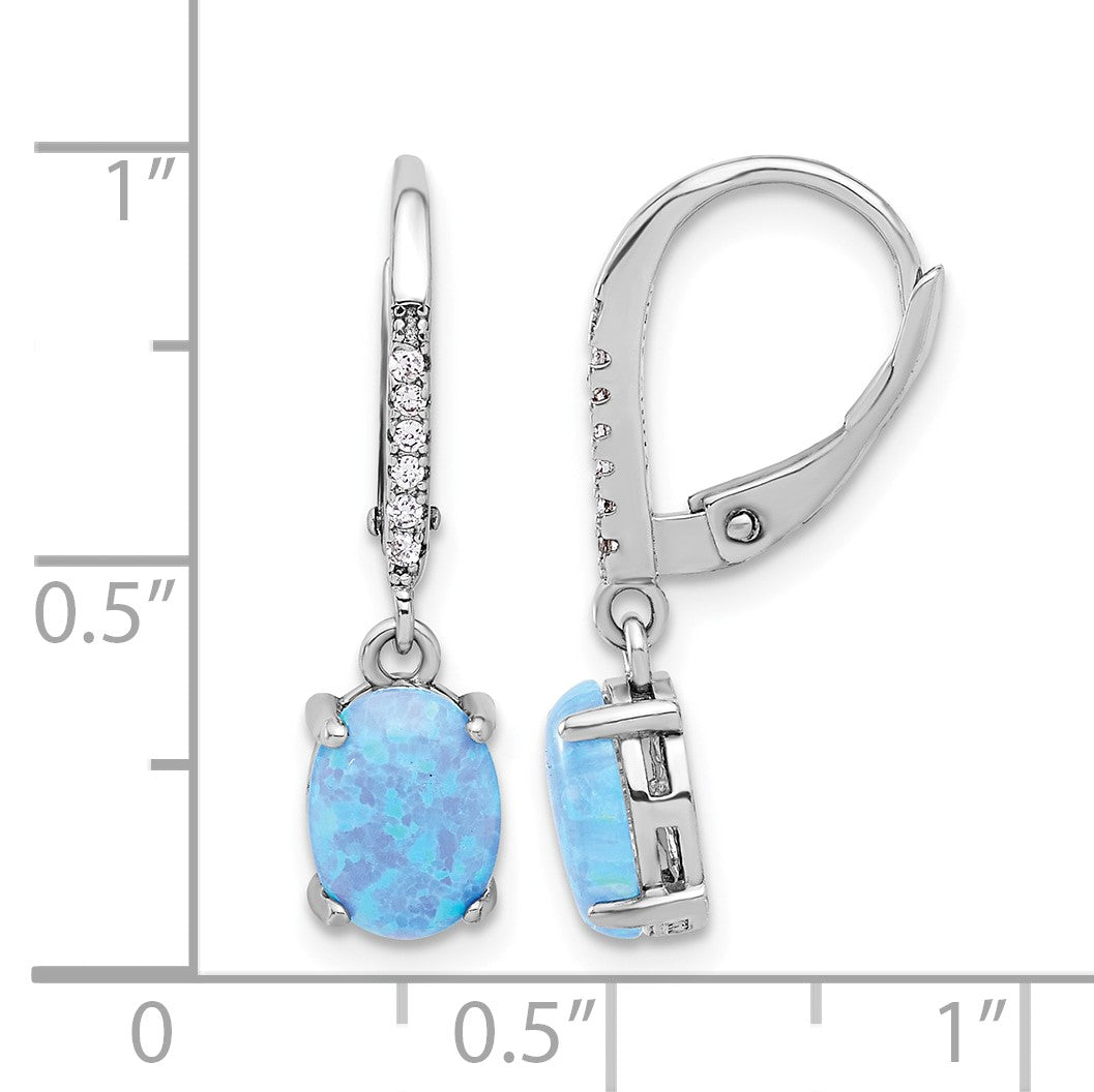 Sterling Silver RH-plated CZ & Oval Blue Cr. Opal Leverback Dangle Earrings