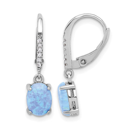 Sterling Silver RH-plated CZ & Oval Blue Cr. Opal Leverback Dangle Earrings