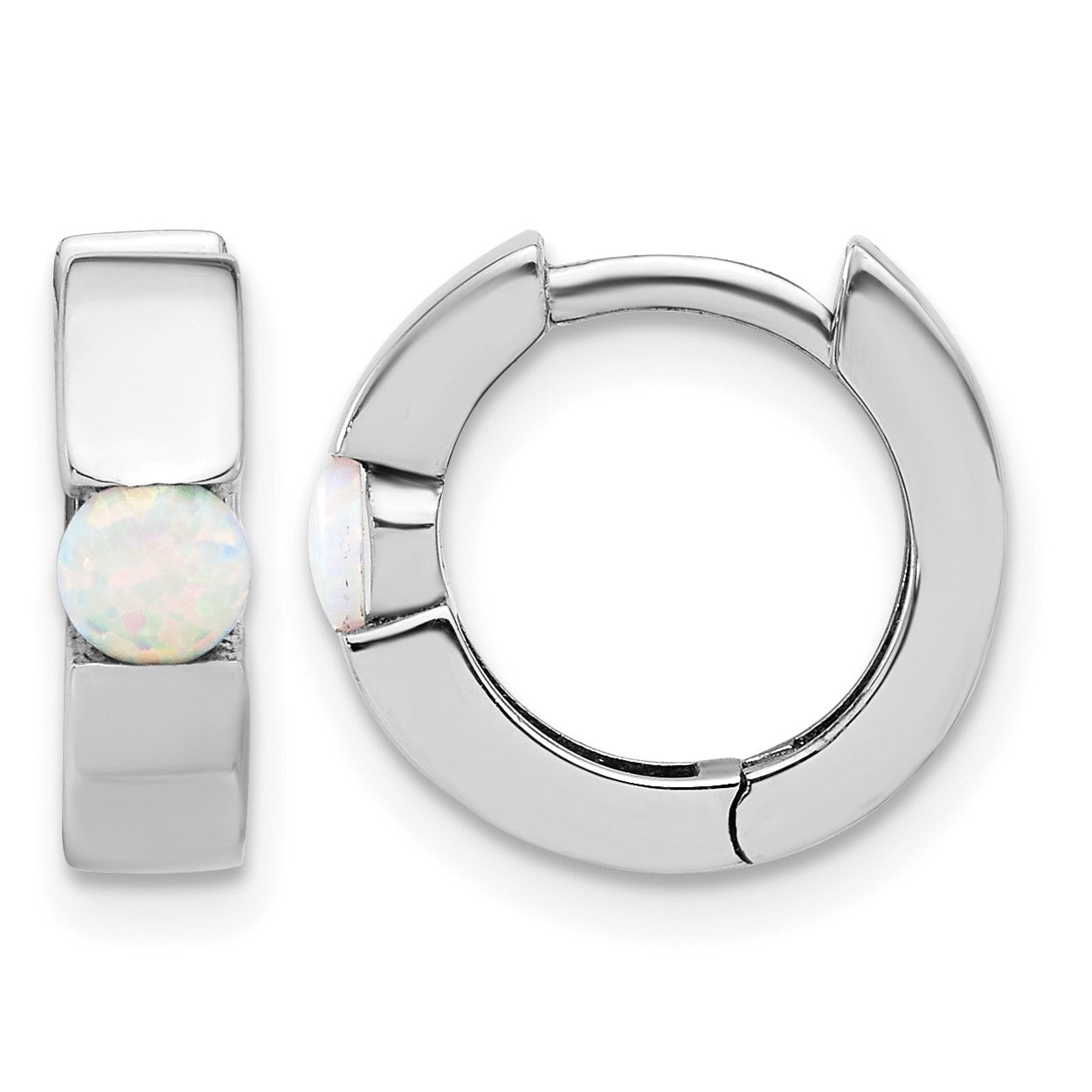 Sterling Silver RH-plated Polished Cr. Opal Hinged Round Hoop Earrings