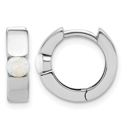 Sterling Silver RH-plated Polished Cr. Opal Hinged Round Hoop Earrings