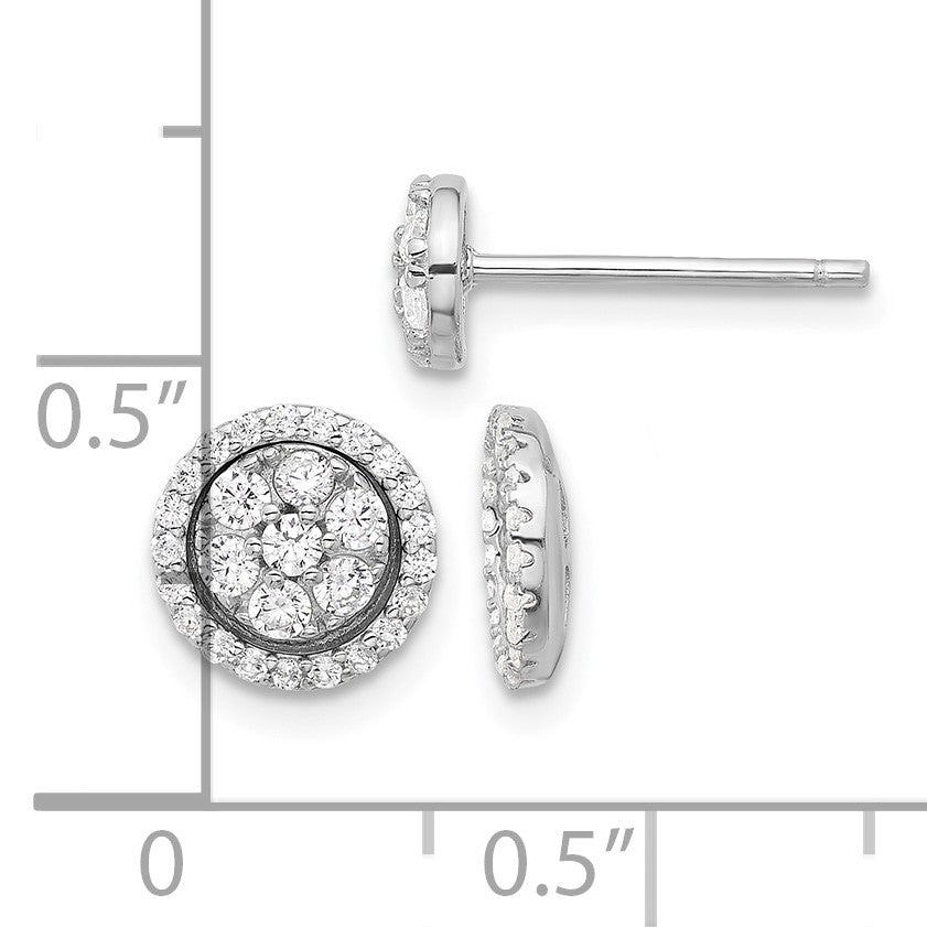 Sterling Silver Rhodium-plated CZ Cluster w/ Halo Jacket Post Earrings