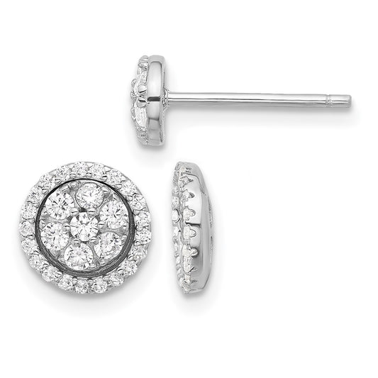 Sterling Silver Rhodium-plated CZ Cluster w/ Halo Jacket Post Earrings