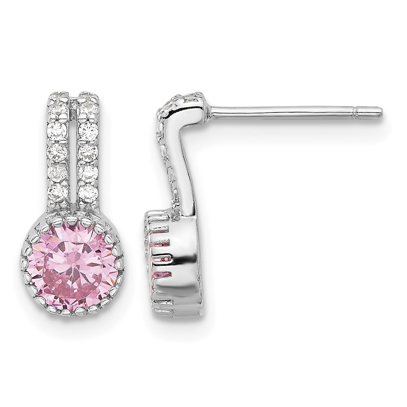 Sterling Silver RH-plated Polished Two Row Pink & White CZ Post Earrings