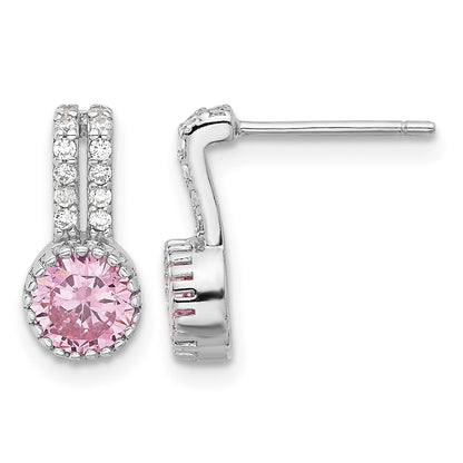 Sterling Silver RH-plated Polished Two Row Pink & White CZ Post Earrings