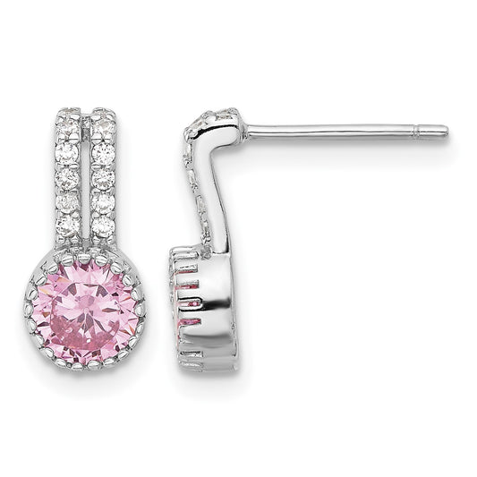 Sterling Silver RH-plated Polished Two Row Pink & White CZ Post Earrings