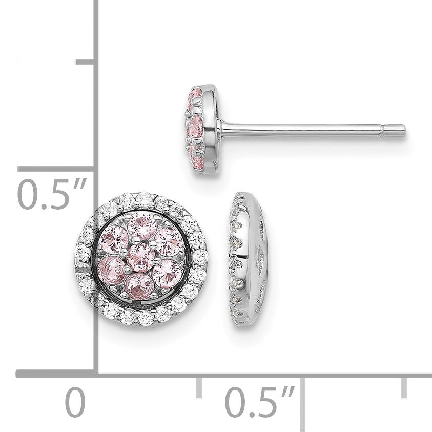 Sterling Silver RH-pltd Pink Crystal Cluster w/ CZ Halo Jacket Post Earring