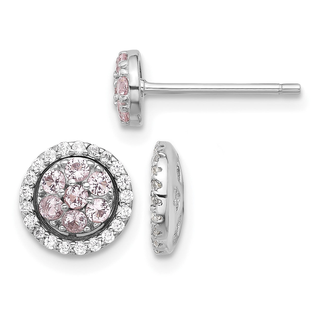 Sterling Silver RH-pltd Pink Crystal Cluster w/ CZ Halo Jacket Post Earring
