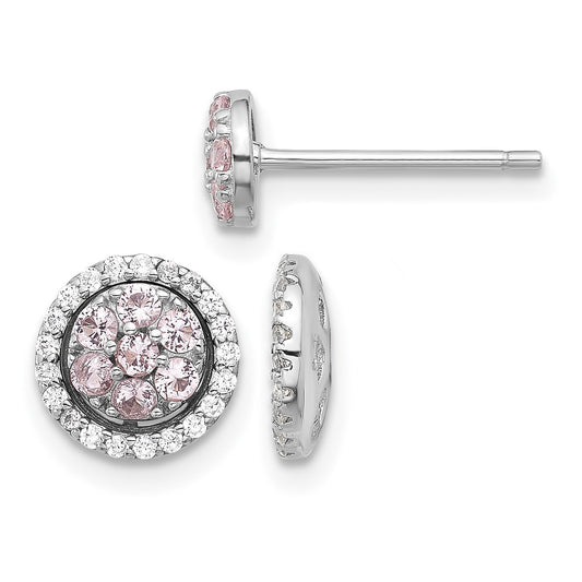 Sterling Silver RH-pltd Pink Crystal Cluster w/ CZ Halo Jacket Post Earring