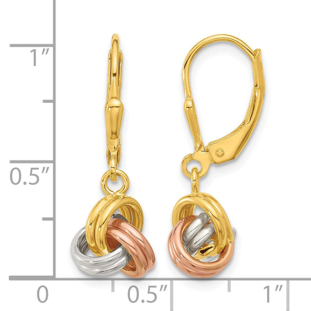 Sterling Silver Gold and Rose-tone Love Knot Leverback Earrings