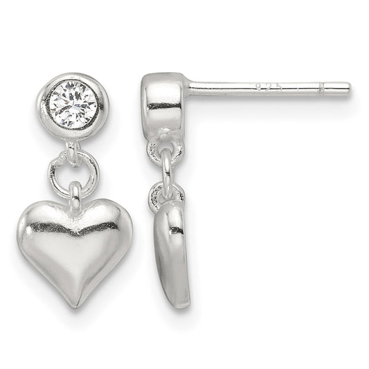 Sterling Silver E-Coating CZ Heart Dangle Post Earrings