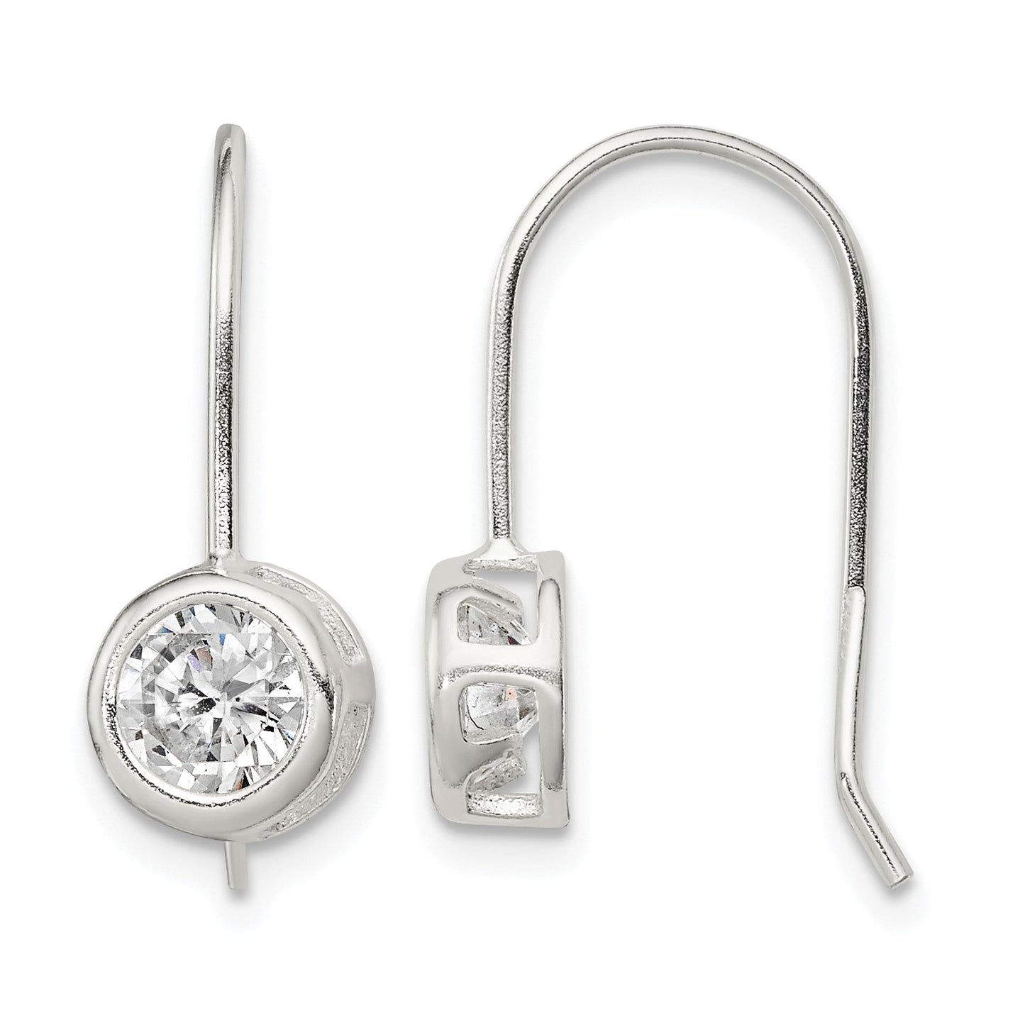 Sterling Silver Polished Round CZ Bezel Dangle Earrings