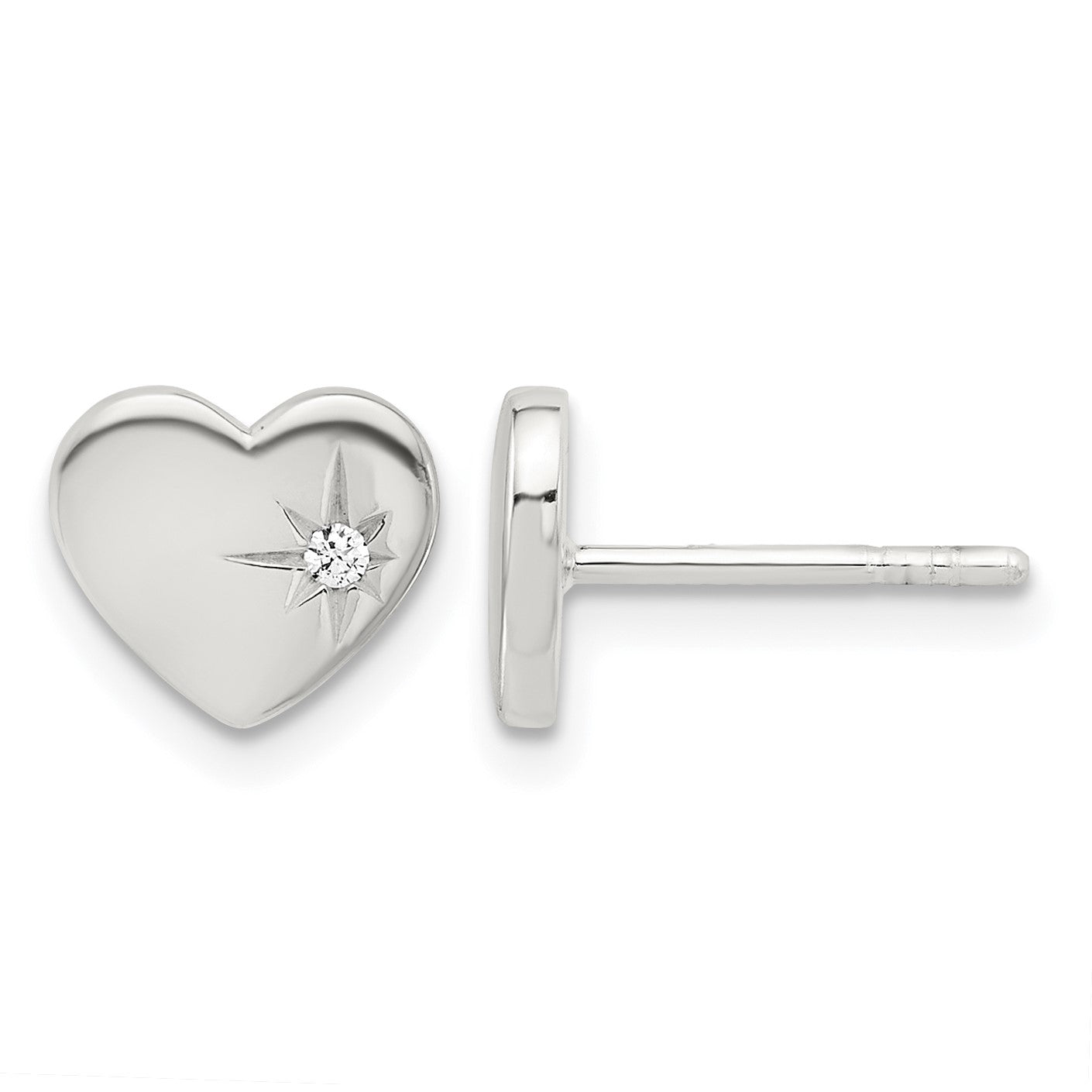 Sterling Silver E-coated with CZ Heart Post Earrings
