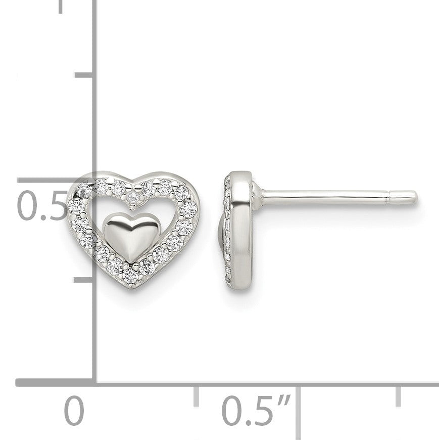 Sterling Silver E-Coating CZ Heart in a Heart Earrings