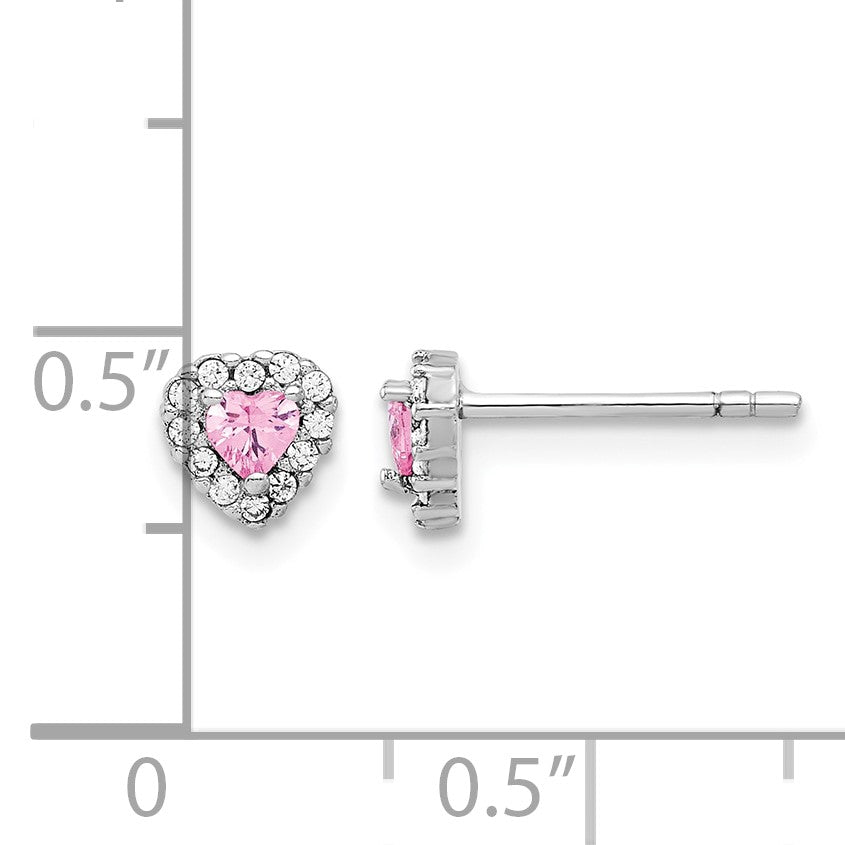 Sterling Silver Rhodium-plated Clear and Pink CZ Heart Post Earrings