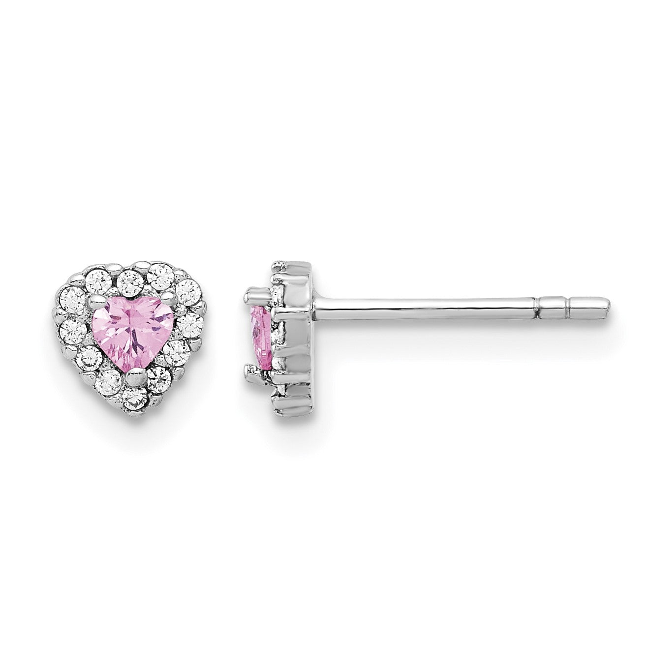 Sterling Silver Rhodium-plated Clear and Pink CZ Heart Post Earrings