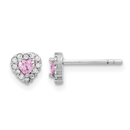 Sterling Silver Rhodium-plated Clear and Pink CZ Heart Post Earrings