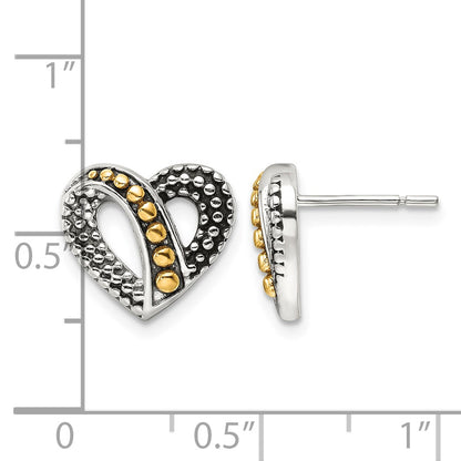 Sterling Silver Gold-tone Antiqued & Beaded Heart Earrings