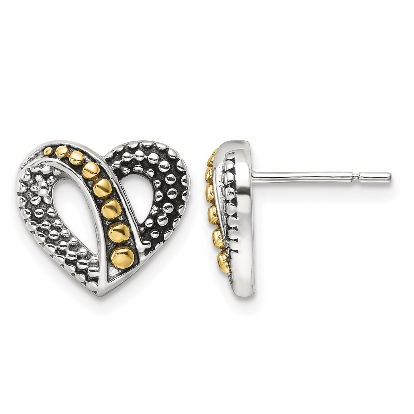 Sterling Silver Gold-tone Antiqued & Beaded Heart Earrings