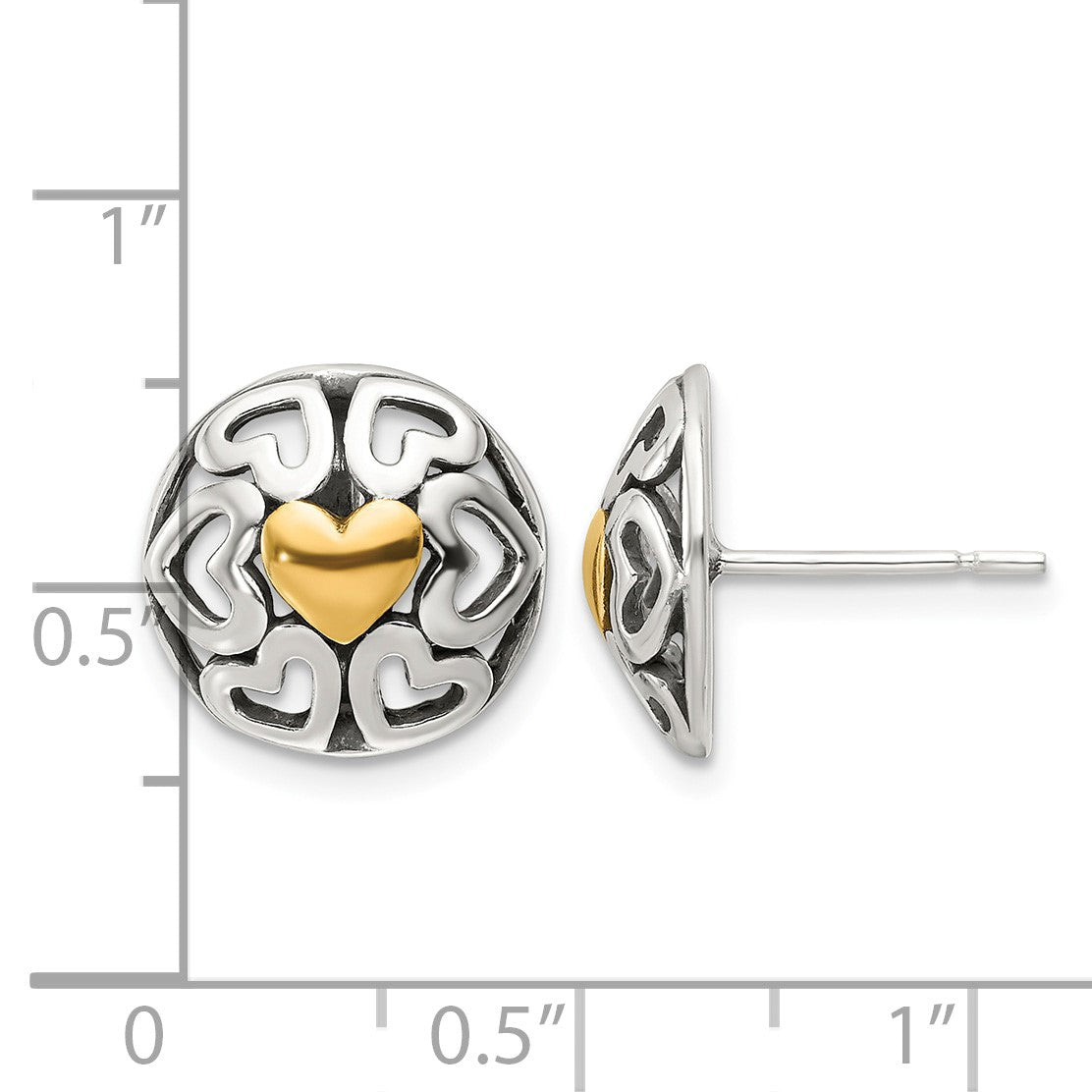 Sterling Silver Gold-tone Polished & Antiqued Heart Circle Post Earrings