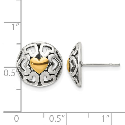 Sterling Silver Gold-tone Polished & Antiqued Heart Circle Post Earrings