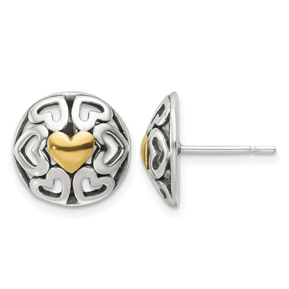 Sterling Silver Gold-tone Polished & Antiqued Heart Circle Post Earrings