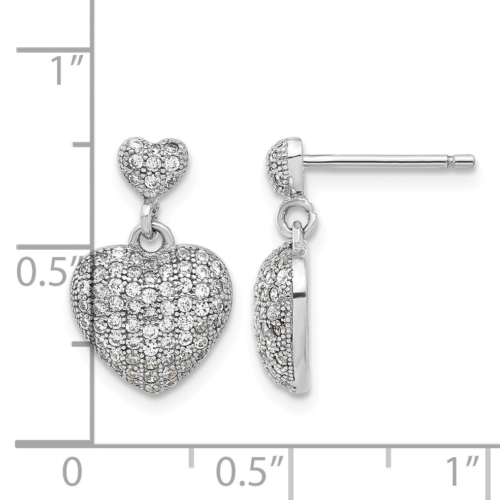 Sterling Silver Rhodium-plated Pave CZ Heart Dangle Post Earrings