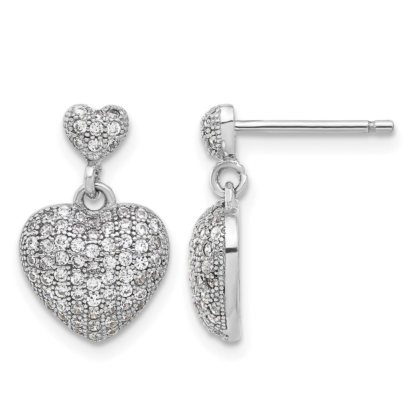 Sterling Silver Rhodium-plated Pave CZ Heart Dangle Post Earrings