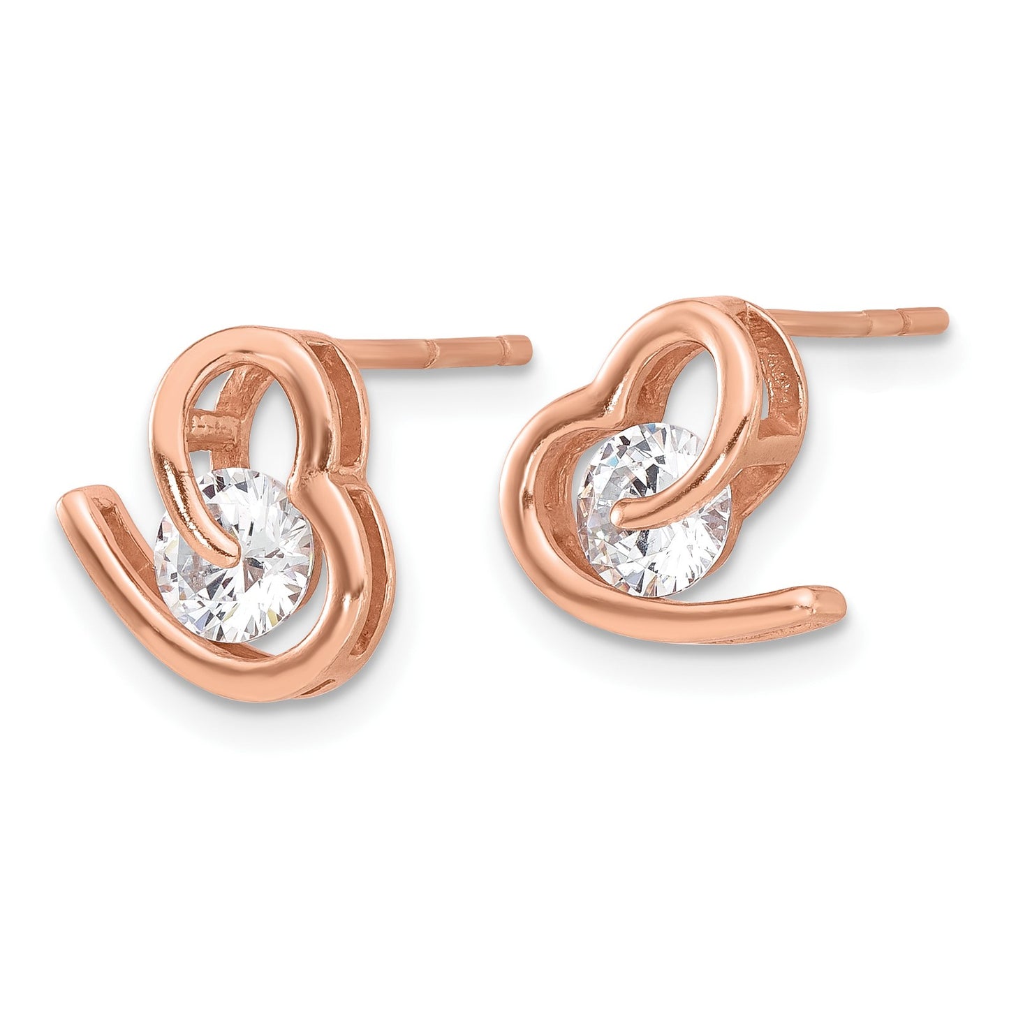 Sterling Silver Rose-tone Heart and CZ Post Earrings