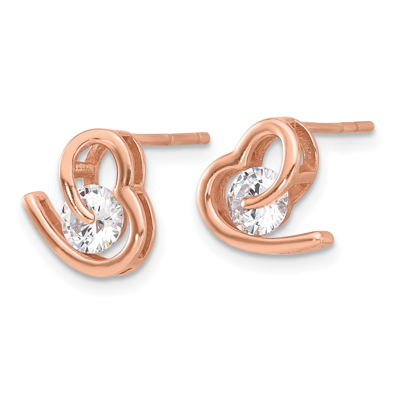 Sterling Silver Rose-tone Heart and CZ Post Earrings