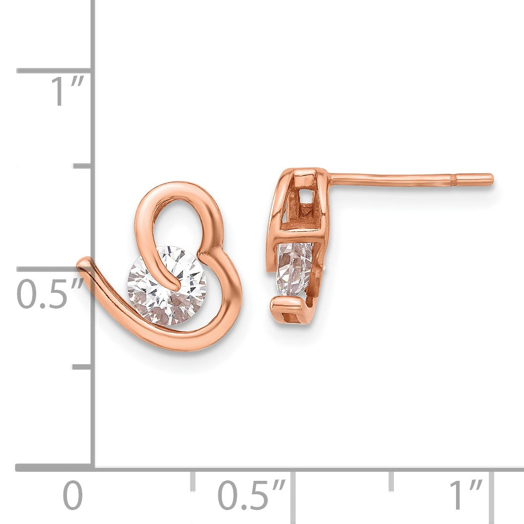 Sterling Silver Rose-tone Heart and CZ Post Earrings