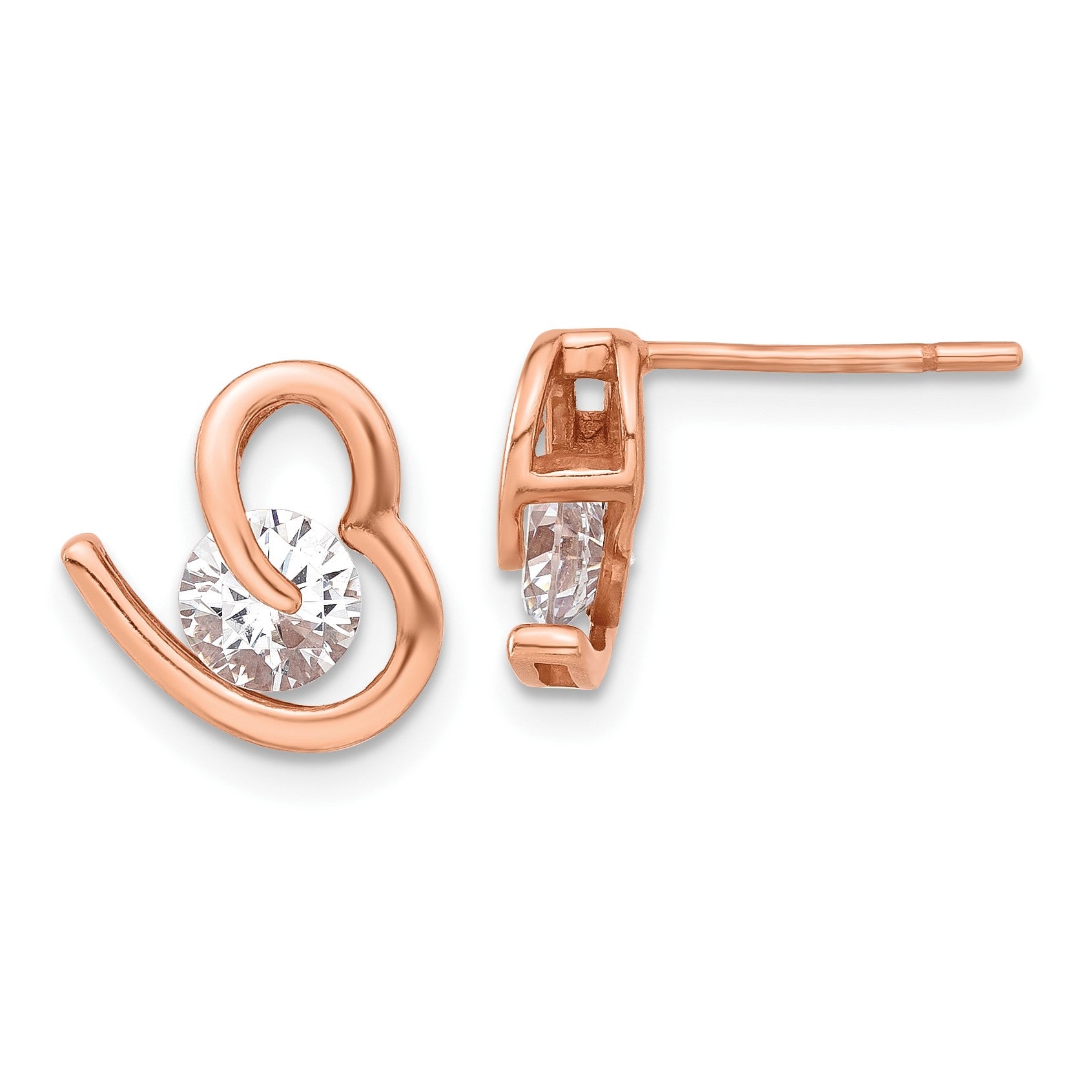 Sterling Silver Rose-tone Heart and CZ Post Earrings