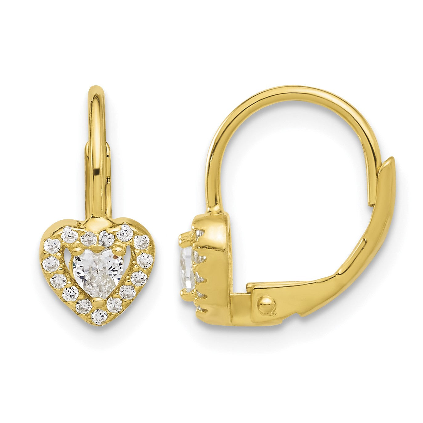 Sterling Silver Gold-tone CZ Heart Leverback Earrings