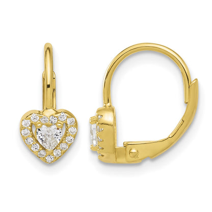 Sterling Silver Gold-tone CZ Heart Leverback Earrings