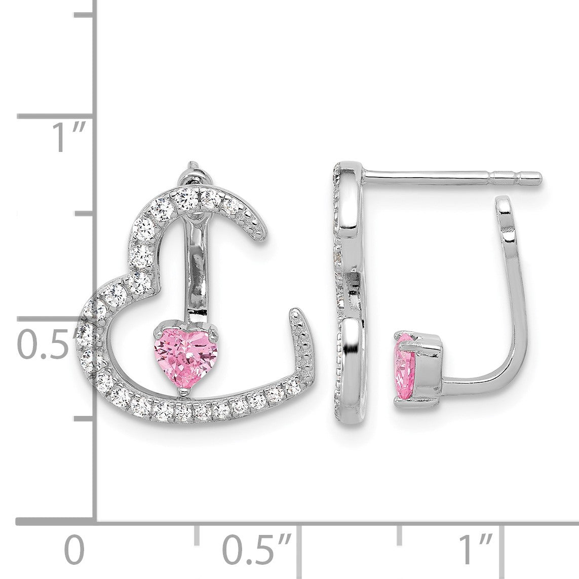 Sterling Silver Rh-plated White and Pink CZ Heart w/ Jacket Post Earrings