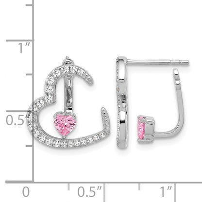 Sterling Silver Rh-plated White and Pink CZ Heart w/ Jacket Post Earrings