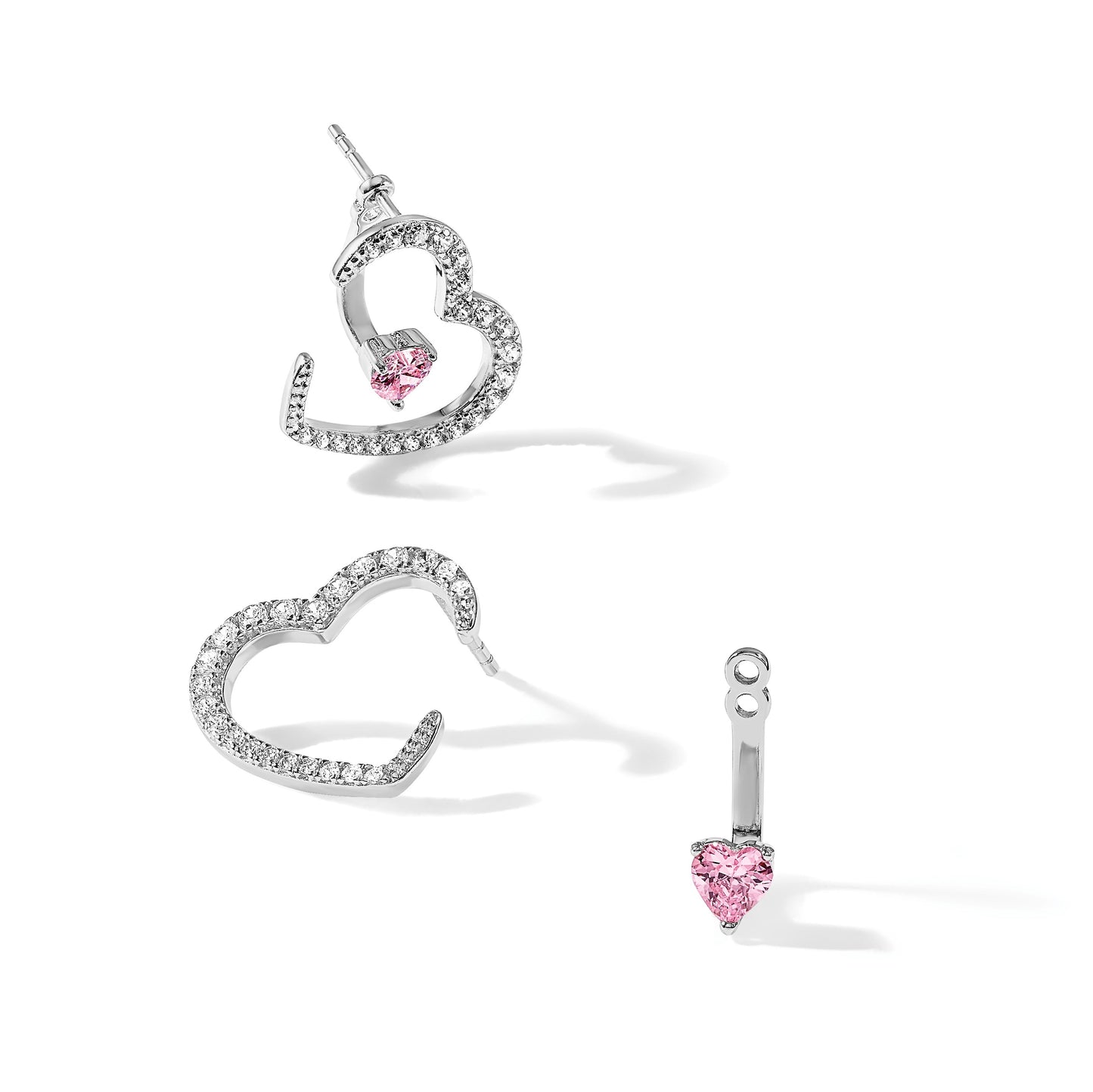 Sterling Silver Rh-plated White and Pink CZ Heart w/ Jacket Post Earrings