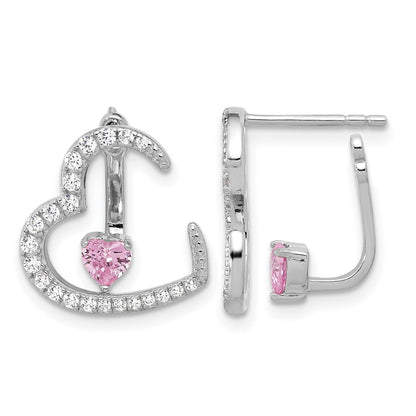 Sterling Silver Rh-plated White and Pink CZ Heart w/ Jacket Post Earrings