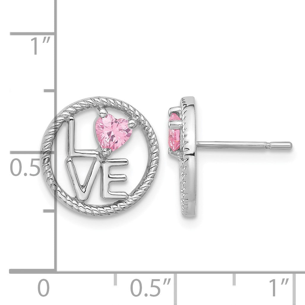 Sterling Silver Rhodium-plated LOVE Pink CZ Post Earrings