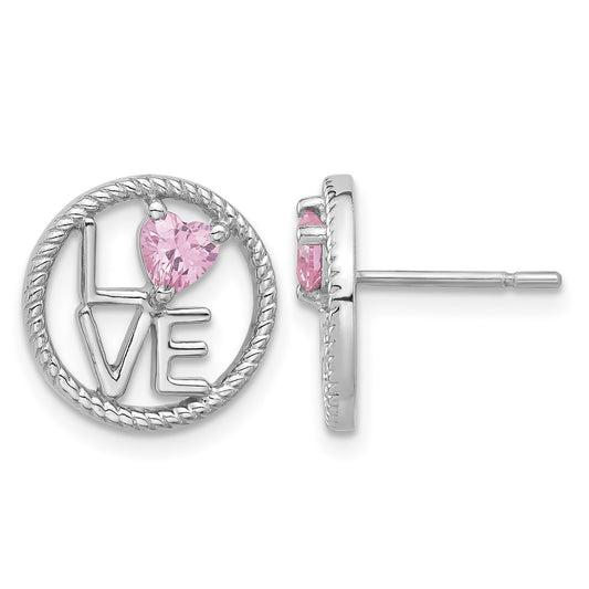 Sterling Silver Rhodium-plated LOVE Pink CZ Post Earrings