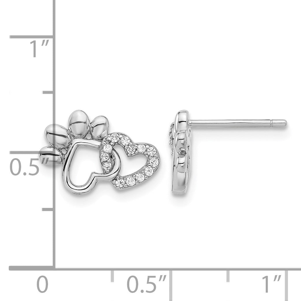 Sterling Silver Rhodium-plated with CZ Hearts and Paw Print Post Earrings