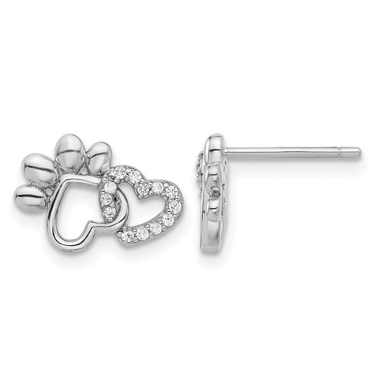Sterling Silver Rhodium-plated with CZ Hearts and Paw Print Post Earrings