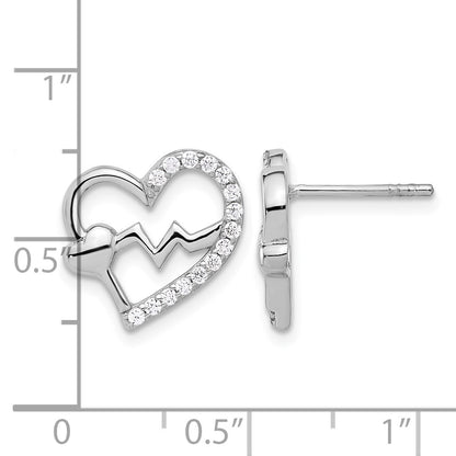 Sterling Silver Rhodium-plated Polished CZ Heartbeat Heart Post Earrings