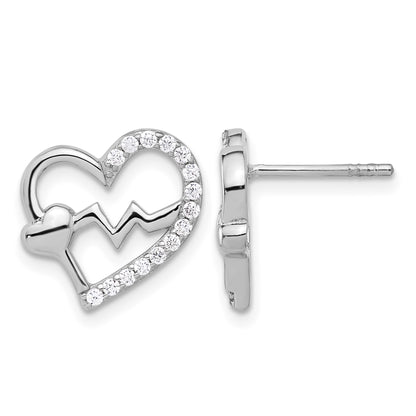 Sterling Silver Rhodium-plated Polished CZ Heartbeat Heart Post Earrings