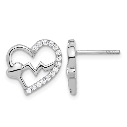 Sterling Silver Rhodium-plated Polished CZ Heartbeat Heart Post Earrings