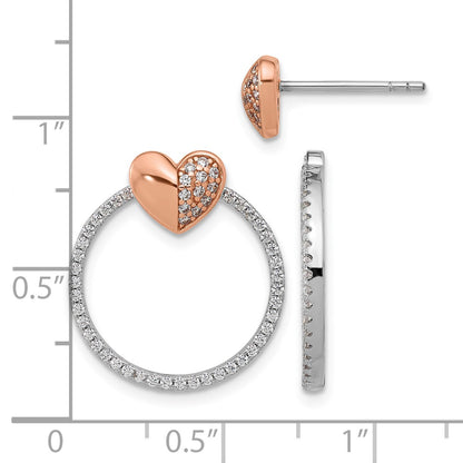 SS Rhodium-plated Rose-tone CZ Heart and Open Circle Post Earrings